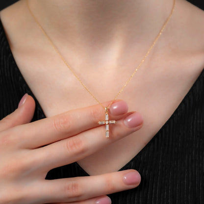 White Topaz Single Diamond Rectangular Cut Cross Necklace in 14K Solid Gold, April  Birthstone Pendant Queen Jewelry Necklace