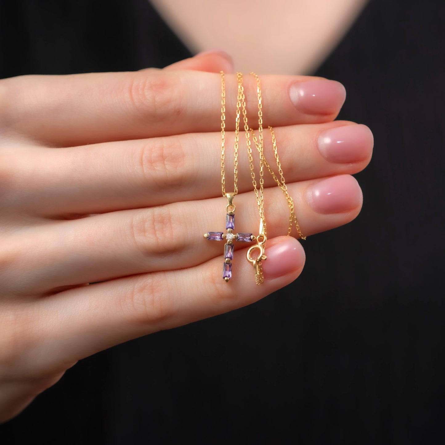 Amethyst Single Diamond Rectangular Cut Cross Necklace in 14K Solid Gold, February Birthstone Pendant Queen Jewelry Necklace