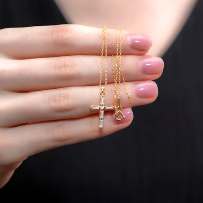 White Topaz Single Diamond Rectangular Cut Cross Necklace in 14K Solid Gold, April  Birthstone Pendant Queen Jewelry Necklace