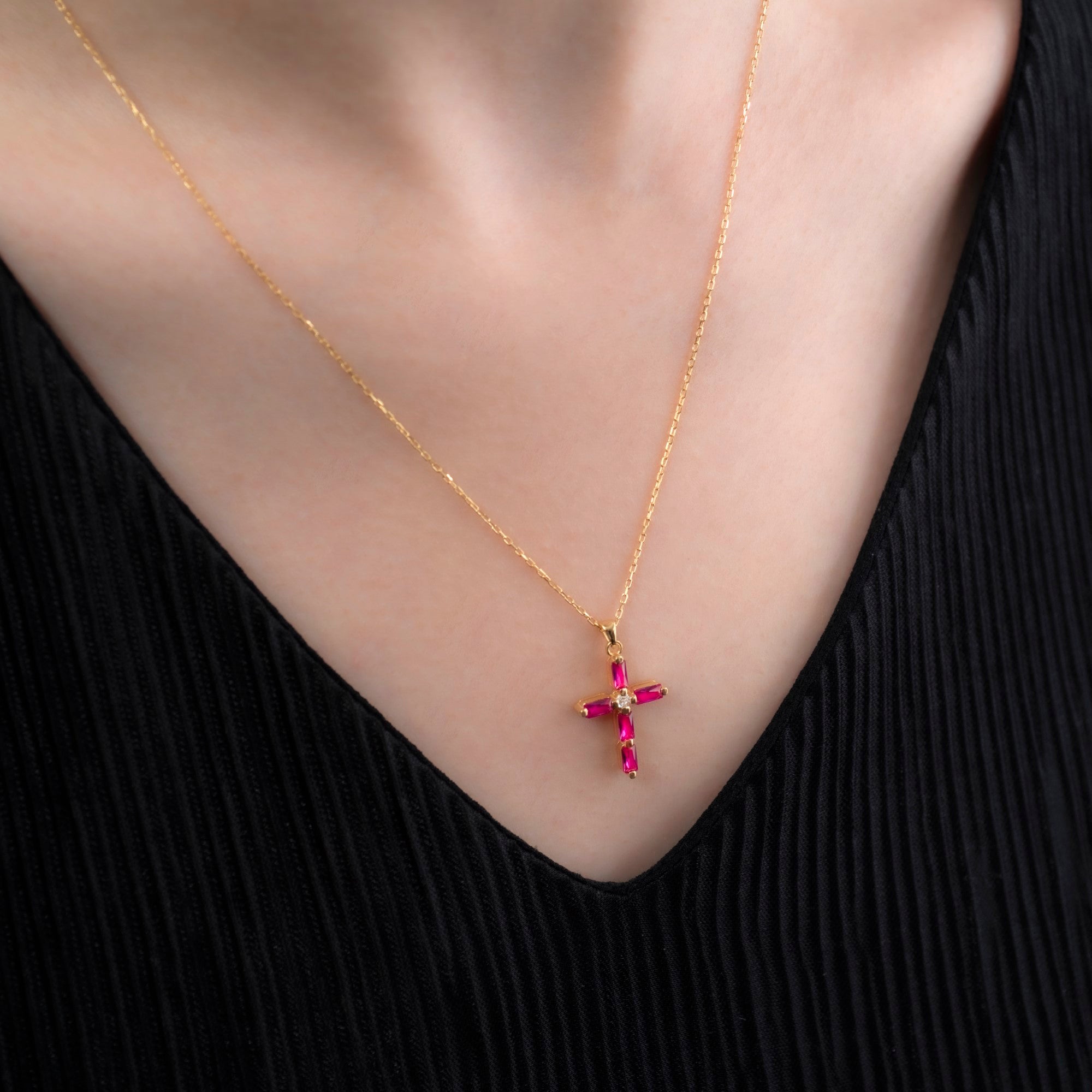 Ruby Single Diamond Rectangular Cut Cross Necklace in 14K Solid Gold, July Birthstone Pendant Queen Jewelry Necklace