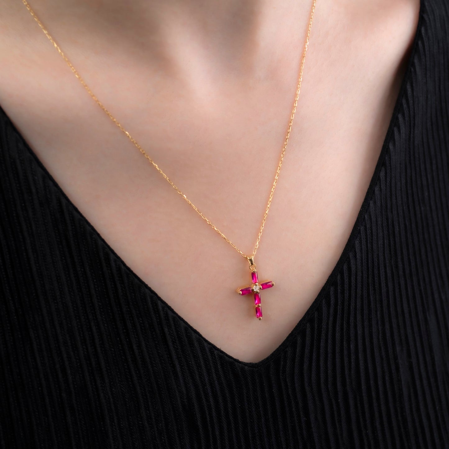 Ruby Single Diamond Rectangular Cut Cross Necklace in 14K Solid Gold, July Birthstone Pendant Queen Jewelry Necklace