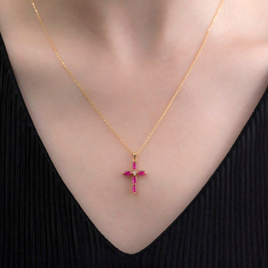 Ruby Single Diamond Rectangular Cut Cross Necklace in 14K Solid Gold, July Birthstone Pendant Queen Jewelry Necklace