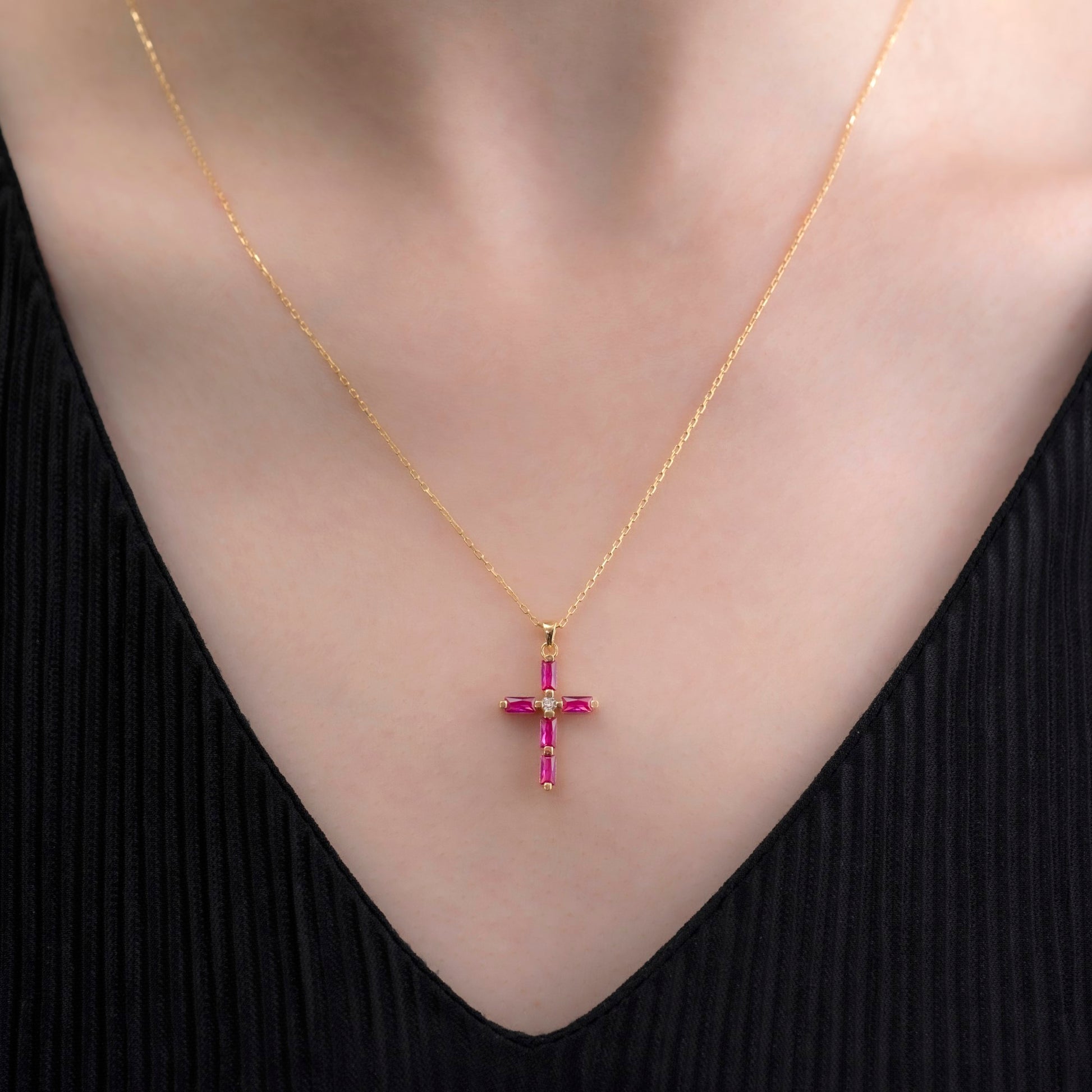 Ruby Single Diamond Rectangular Cut Cross Necklace in 14K Solid Gold, July Birthstone Pendant Queen Jewelry Necklace