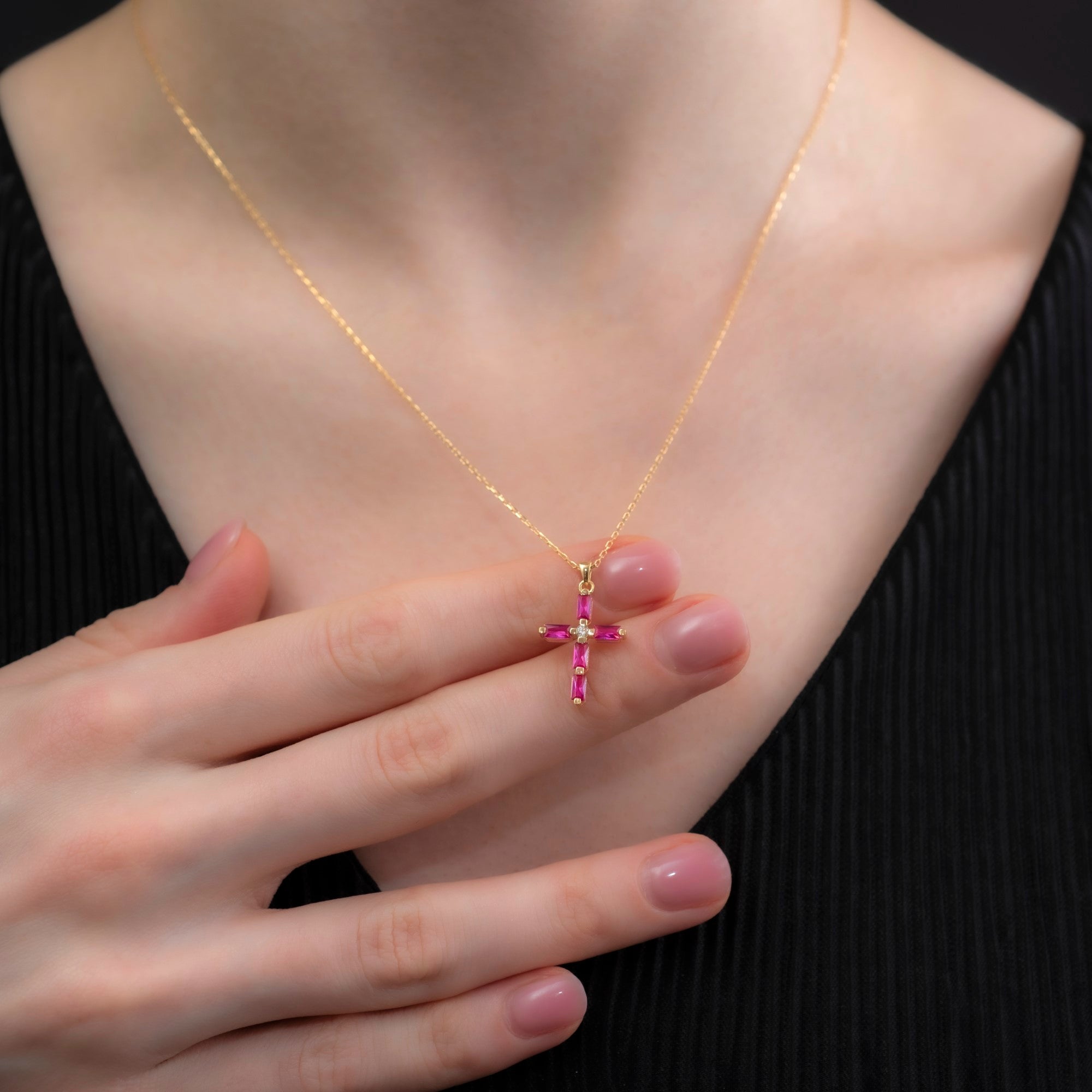 Ruby Single Diamond Rectangular Cut Cross Necklace in 14K Solid Gold, July Birthstone Pendant Queen Jewelry Necklace
