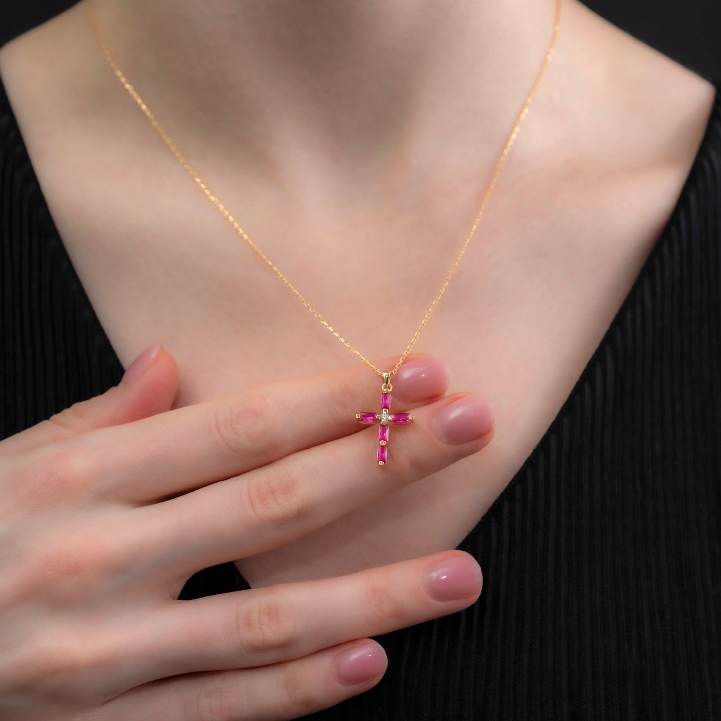 Ruby Single Diamond Rectangular Cut Cross Necklace in 14K Solid Gold, July Birthstone Pendant Queen Jewelry Necklace