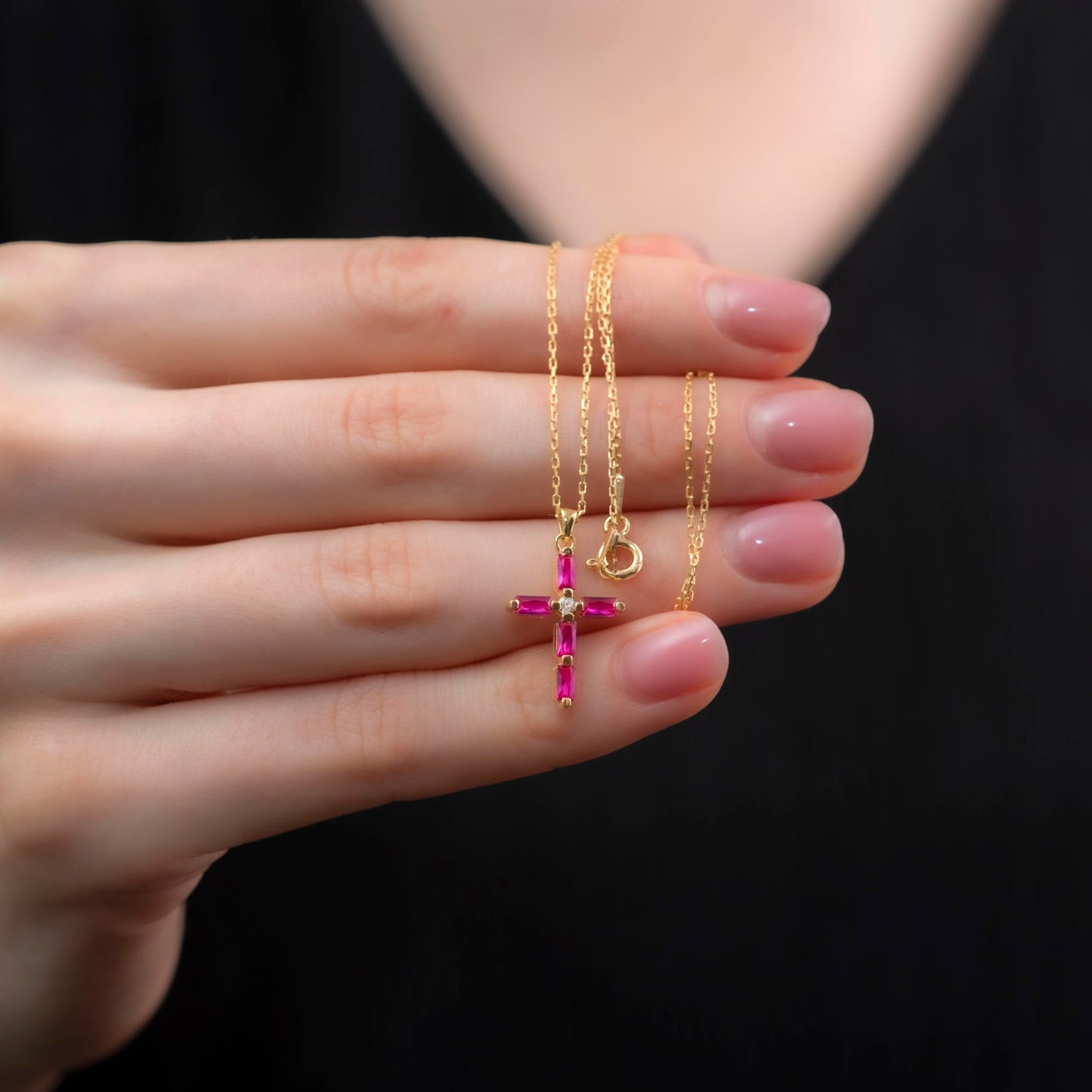 Ruby Single Diamond Rectangular Cut Cross Necklace in 14K Solid Gold, July Birthstone Pendant Queen Jewelry Necklace
