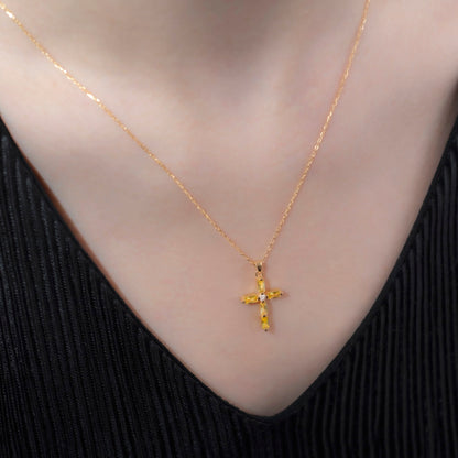 Yellow Topaz Single Diamond Rectangular Cut Cross Necklace in 14K Solid Gold, Birthstone Pendant Queen Jewelry Necklace