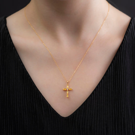 Yellow Topaz Single Diamond Rectangular Cut Cross Necklace in 14K Solid Gold, Birthstone Pendant Queen Jewelry Necklace