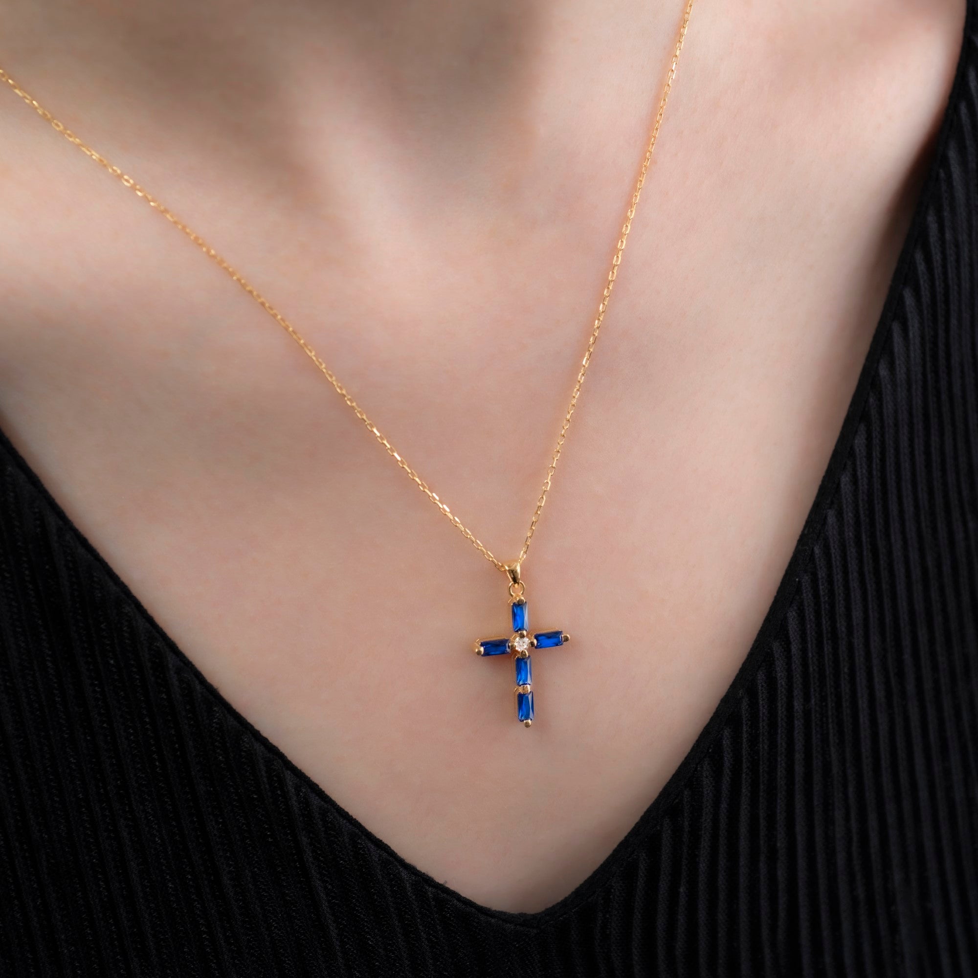Sapphire Single Diamond Rectangular Cut Cross Necklace in 14K Solid Gold, September Birthstone Pendant Queen Jewelry Necklace