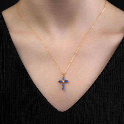 Sapphire Single Diamond Rectangular Cut Cross Necklace in 14K Solid Gold, September Birthstone Pendant Queen Jewelry Necklace