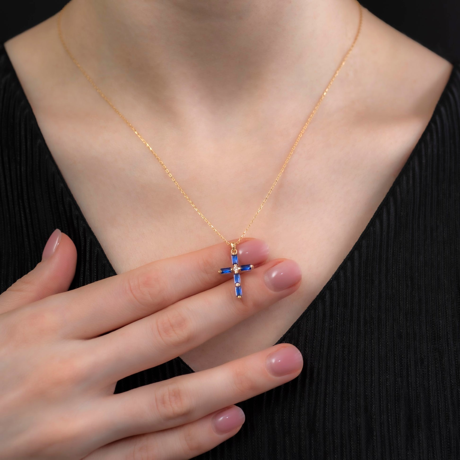 Sapphire Single Diamond Rectangular Cut Cross Necklace in 14K Solid Gold, September Birthstone Pendant Queen Jewelry Necklace