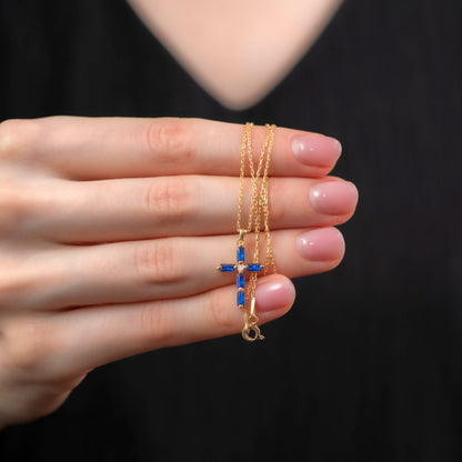 Sapphire Single Diamond Rectangular Cut Cross Necklace in 14K Solid Gold, September Birthstone Pendant Queen Jewelry Necklace
