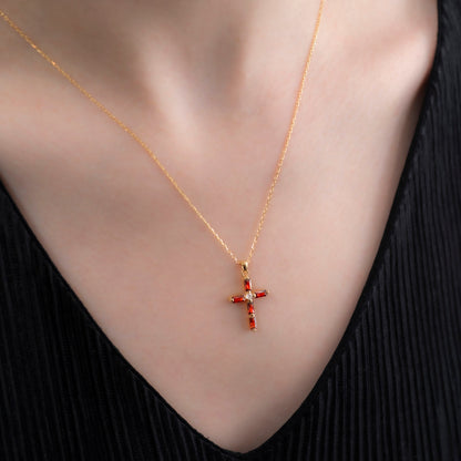Garnet Single Diamond Rectangular Cut Cross Necklace in 14K Solid Gold, January Birthstone Pendant Queen Jewelry Necklace