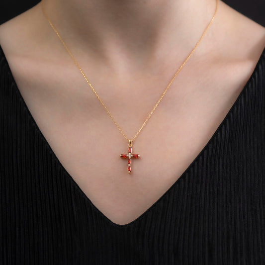 Garnet Single Diamond Rectangular Cut Cross Necklace in 14K Solid Gold, January Birthstone Pendant Queen Jewelry Necklace