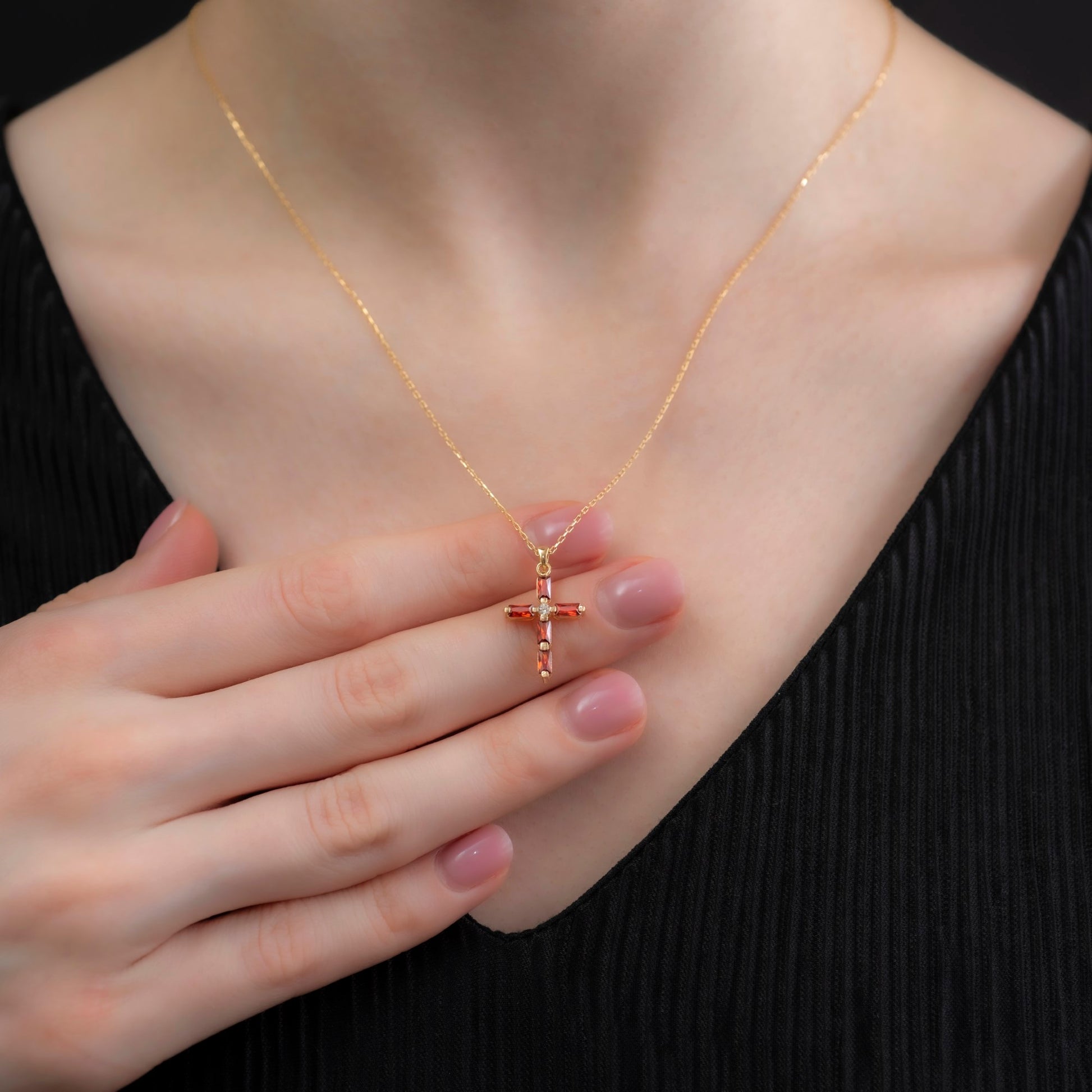 Garnet Single Diamond Rectangular Cut Cross Necklace in 14K Solid Gold, January Birthstone Pendant Queen Jewelry Necklace