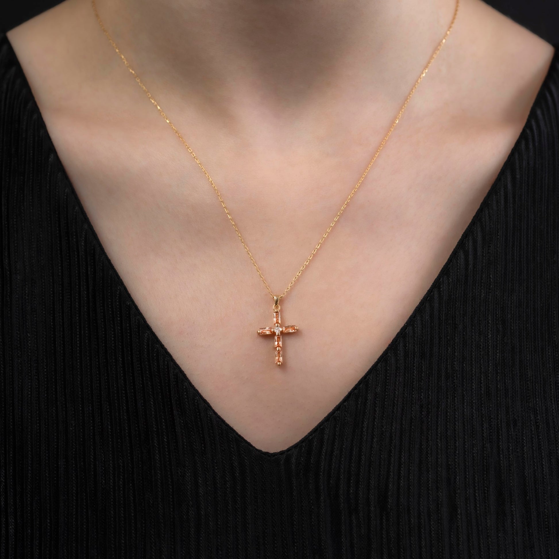 Citrine Single Diamond Rectangular Cut Cross Necklace in 14K Solid Gold, November Birthstone Pendant Queen Jewelry Necklace