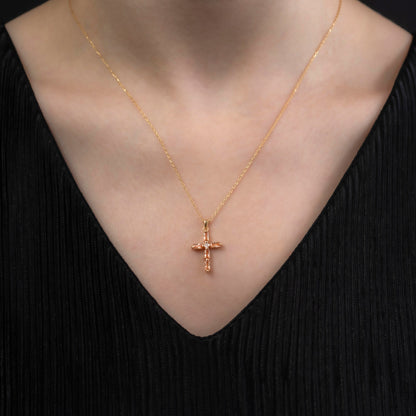 Citrine Single Diamond Rectangular Cut Cross Necklace in 14K Solid Gold, November Birthstone Pendant Queen Jewelry Necklace