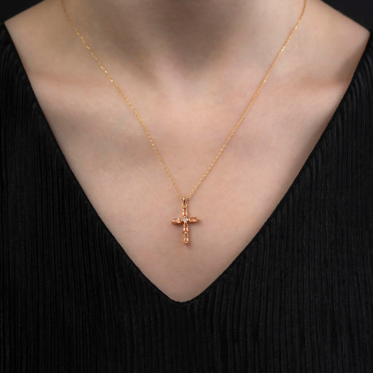Citrine Single Diamond Rectangular Cut Cross Necklace in 14K Solid Gold, November Birthstone Pendant Queen Jewelry Necklace