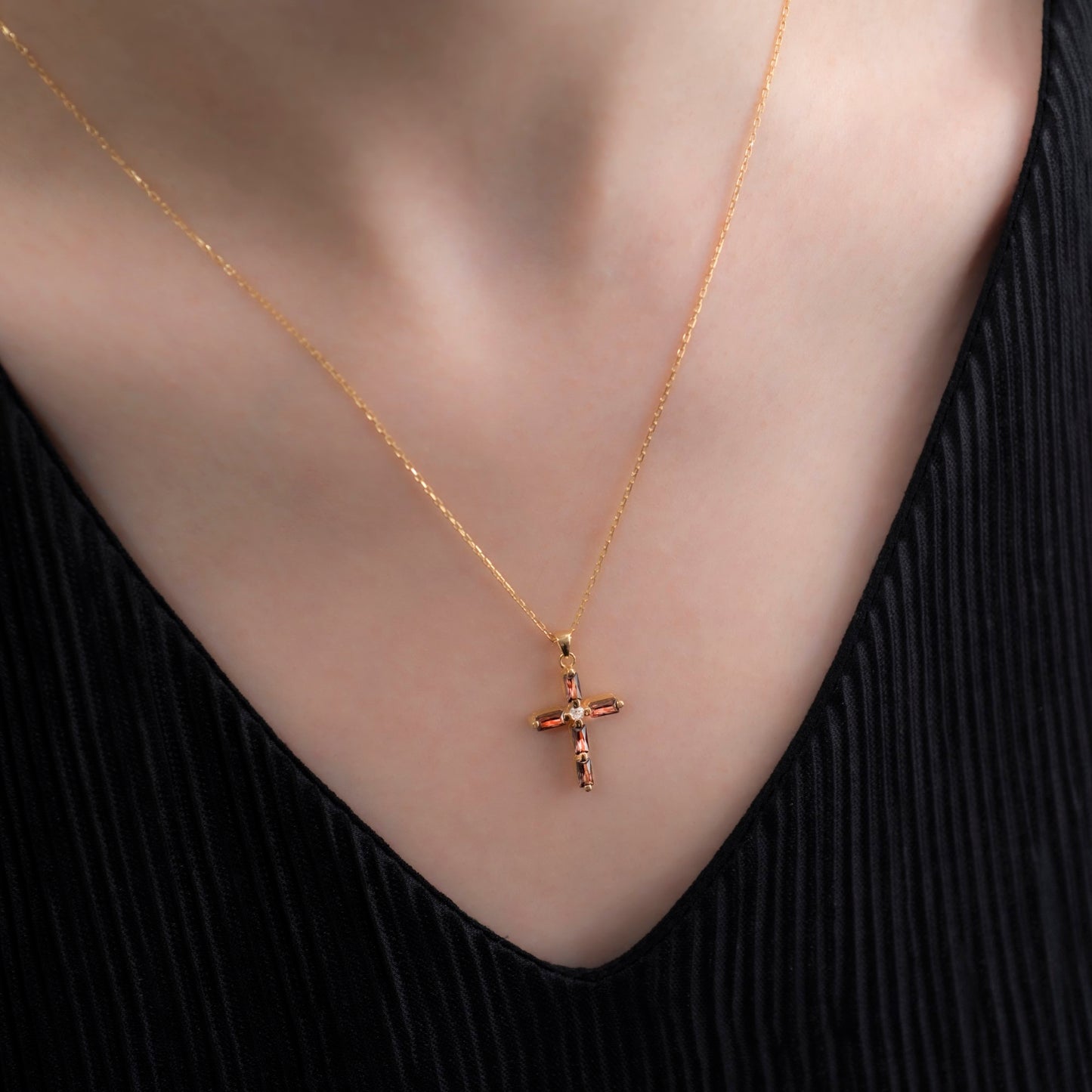 Smoky Quartz Single Diamond Rectangular Cut Cross Necklace in 14K Solid Gold, Birthstone Pendant Queen Jewelry Necklace