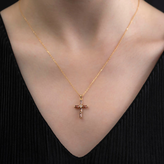 Smoky Quartz Single Diamond Rectangular Cut Cross Necklace in 14K Solid Gold, Birthstone Pendant Queen Jewelry Necklace
