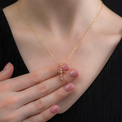 Smoky Quartz Single Diamond Rectangular Cut Cross Necklace in 14K Solid Gold, Birthstone Pendant Queen Jewelry Necklace