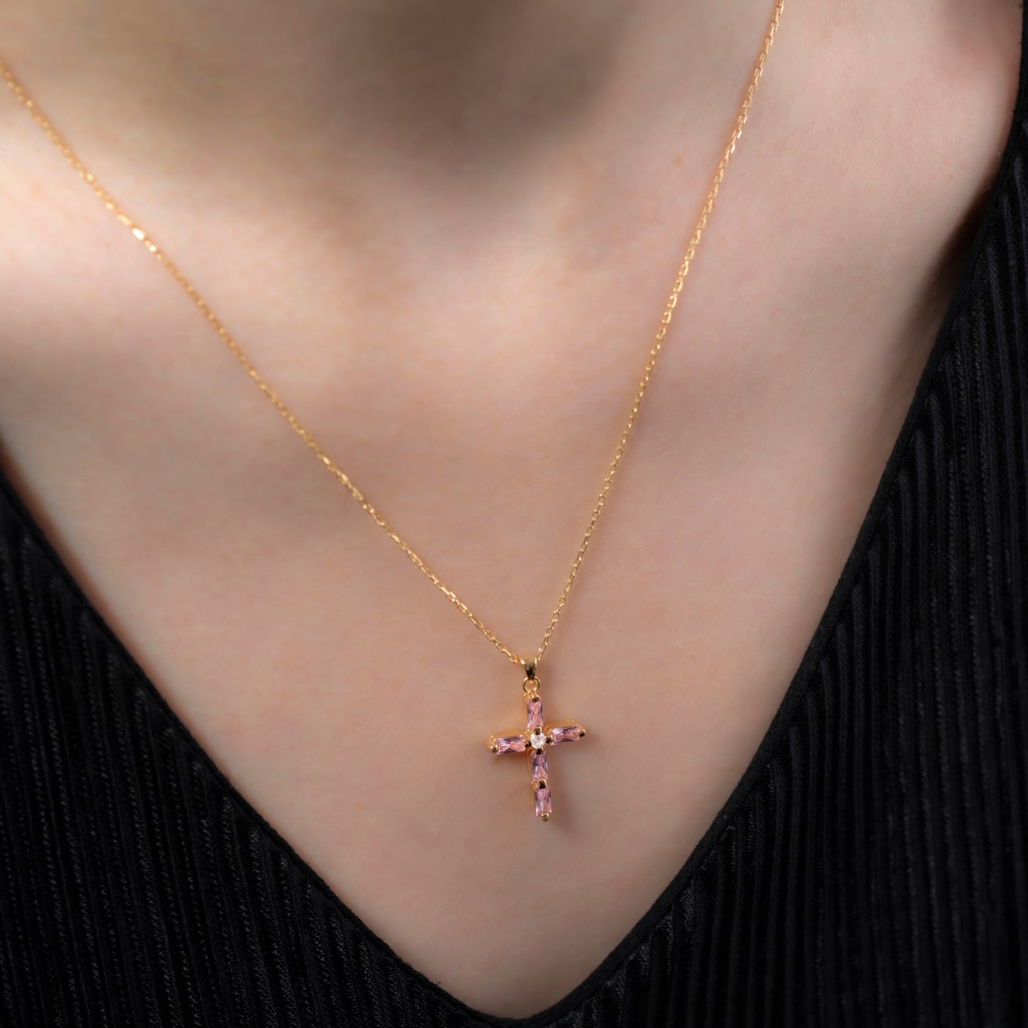 Pink Tourmaline Single Diamond Rectangular Cut Cross Necklace in 14K Solid Gold, October Birthstone Pendant Queen Jewelry Necklace