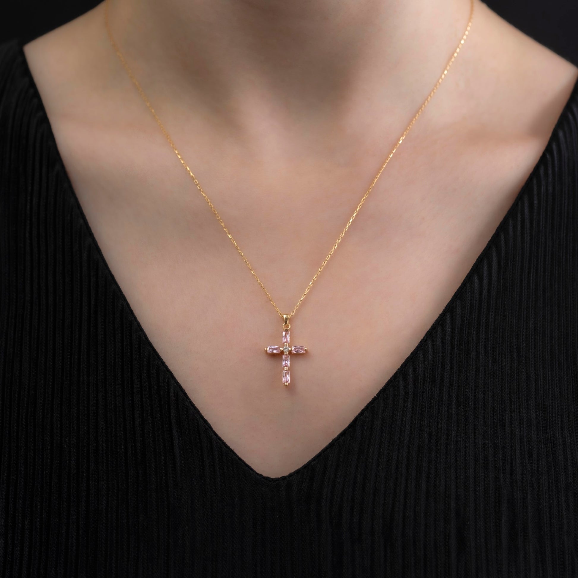 Pink Tourmaline Single Diamond Rectangular Cut Cross Necklace in 14K Solid Gold, October Birthstone Pendant Queen Jewelry Necklace