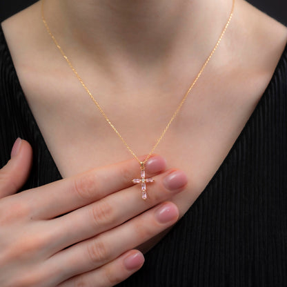 Pink Tourmaline Single Diamond Rectangular Cut Cross Necklace in 14K Solid Gold, October Birthstone Pendant Queen Jewelry Necklace