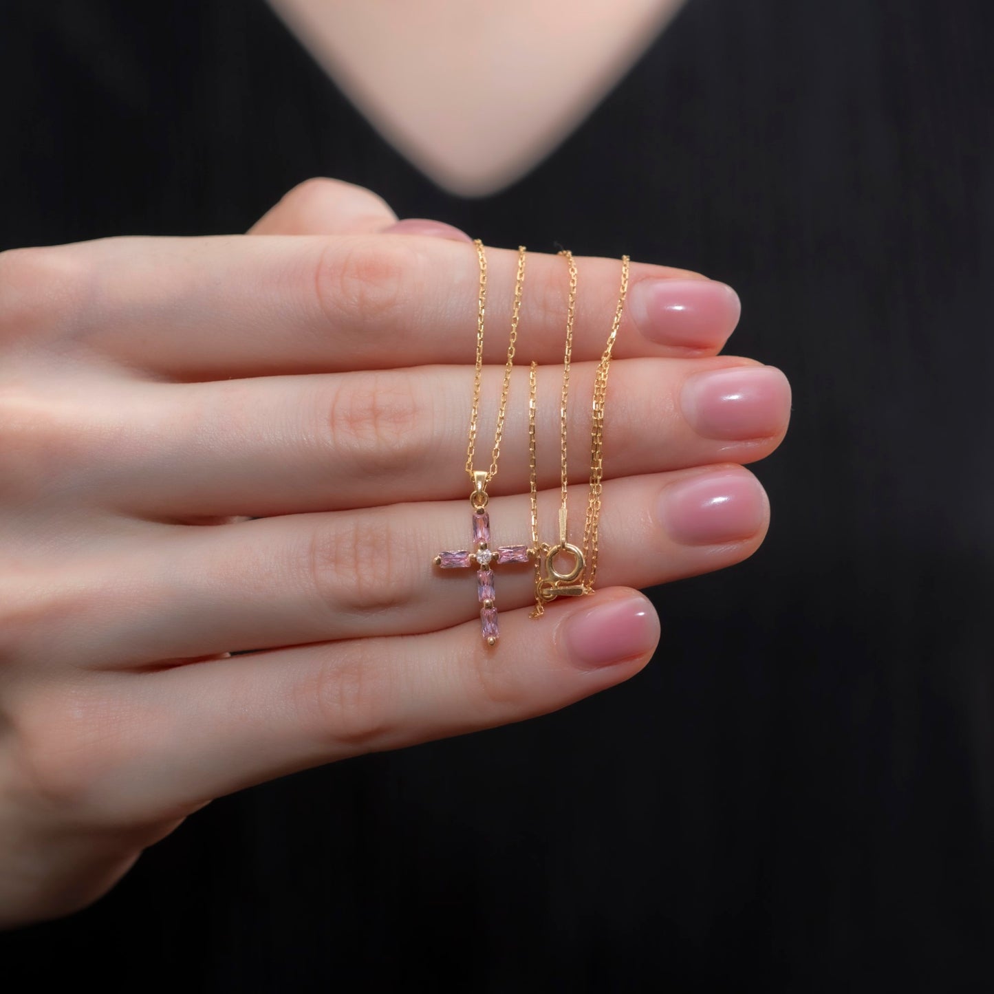 Pink Tourmaline Single Diamond Rectangular Cut Cross Necklace in 14K Solid Gold, October Birthstone Pendant Queen Jewelry Necklace