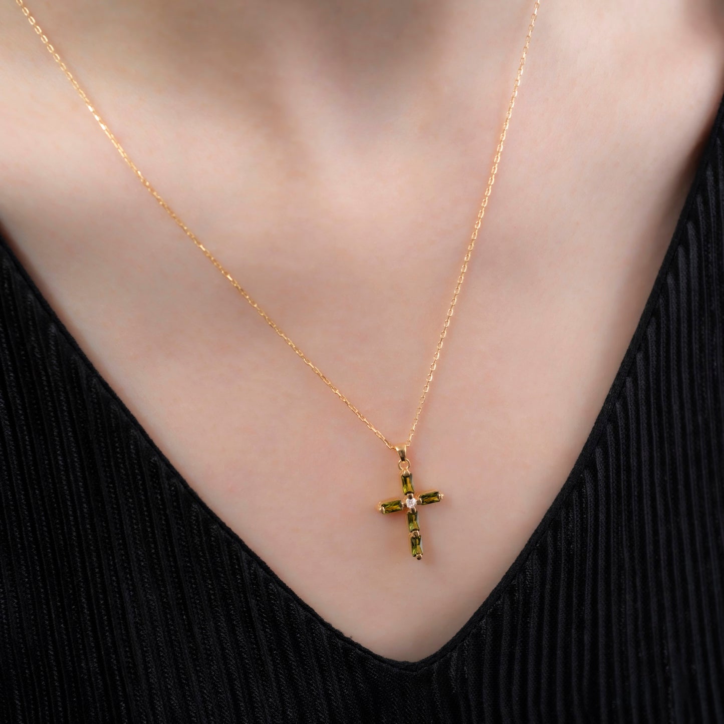 Peridot Single Diamond Rectangular Cut Cross Necklace in 14K Solid Gold, August Birthstone Pendant Queen Jewelry Necklace