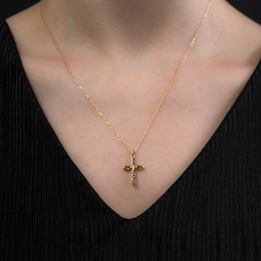 Peridot Single Diamond Rectangular Cut Cross Necklace in 14K Solid Gold, August Birthstone Pendant Queen Jewelry Necklace