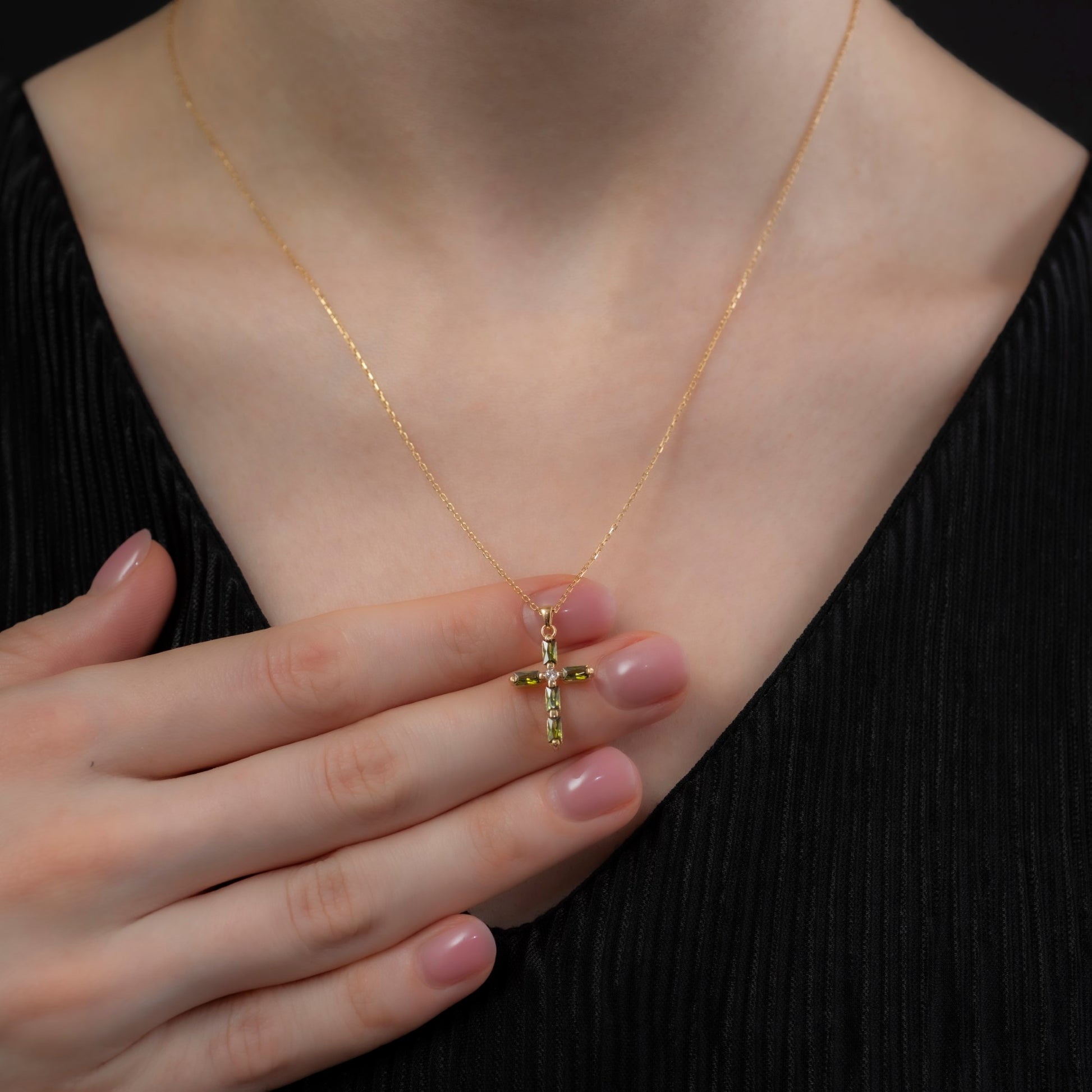Peridot Single Diamond Rectangular Cut Cross Necklace in 14K Solid Gold, August Birthstone Pendant Queen Jewelry Necklace