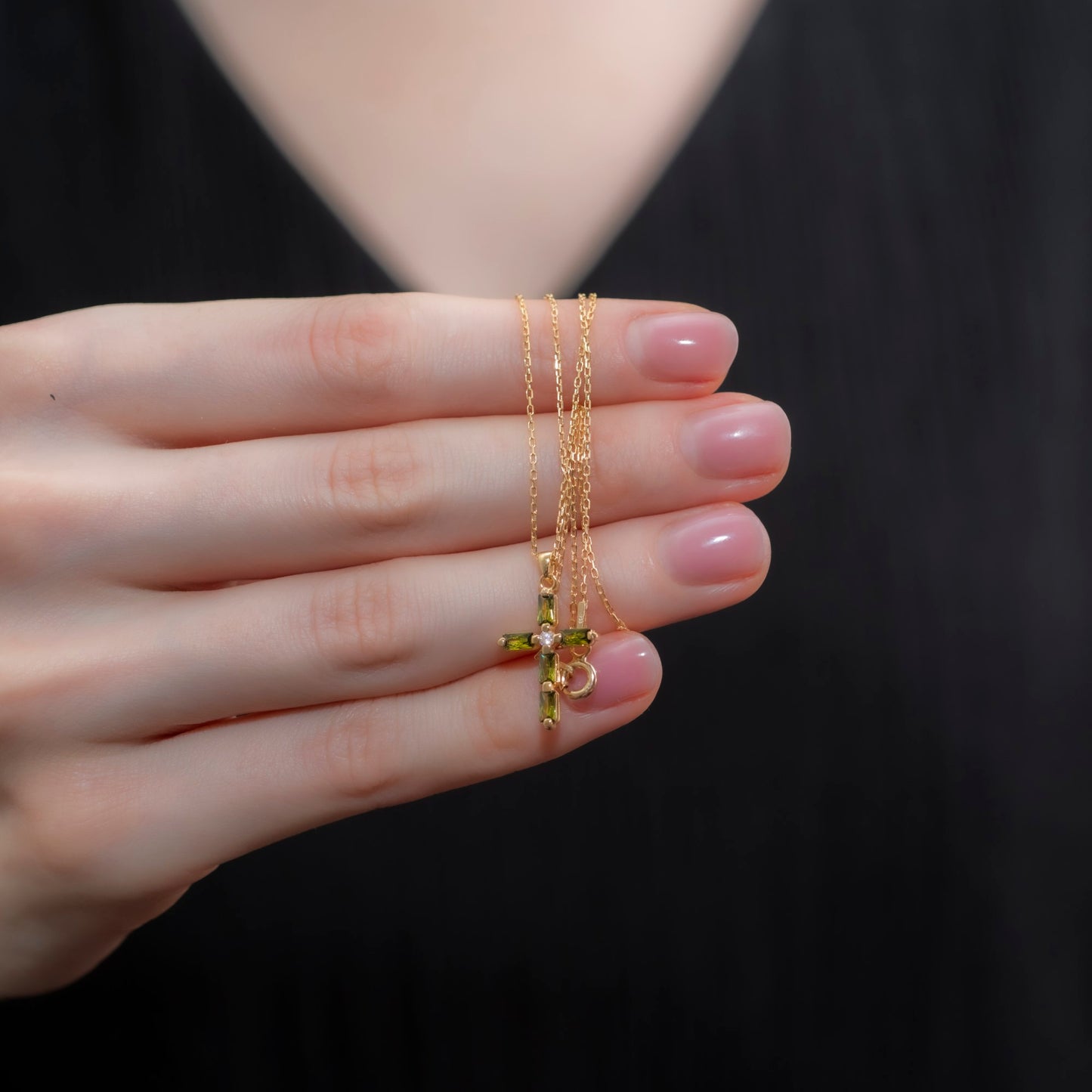 Peridot Single Diamond Rectangular Cut Cross Necklace in 14K Solid Gold, August Birthstone Pendant Queen Jewelry Necklace