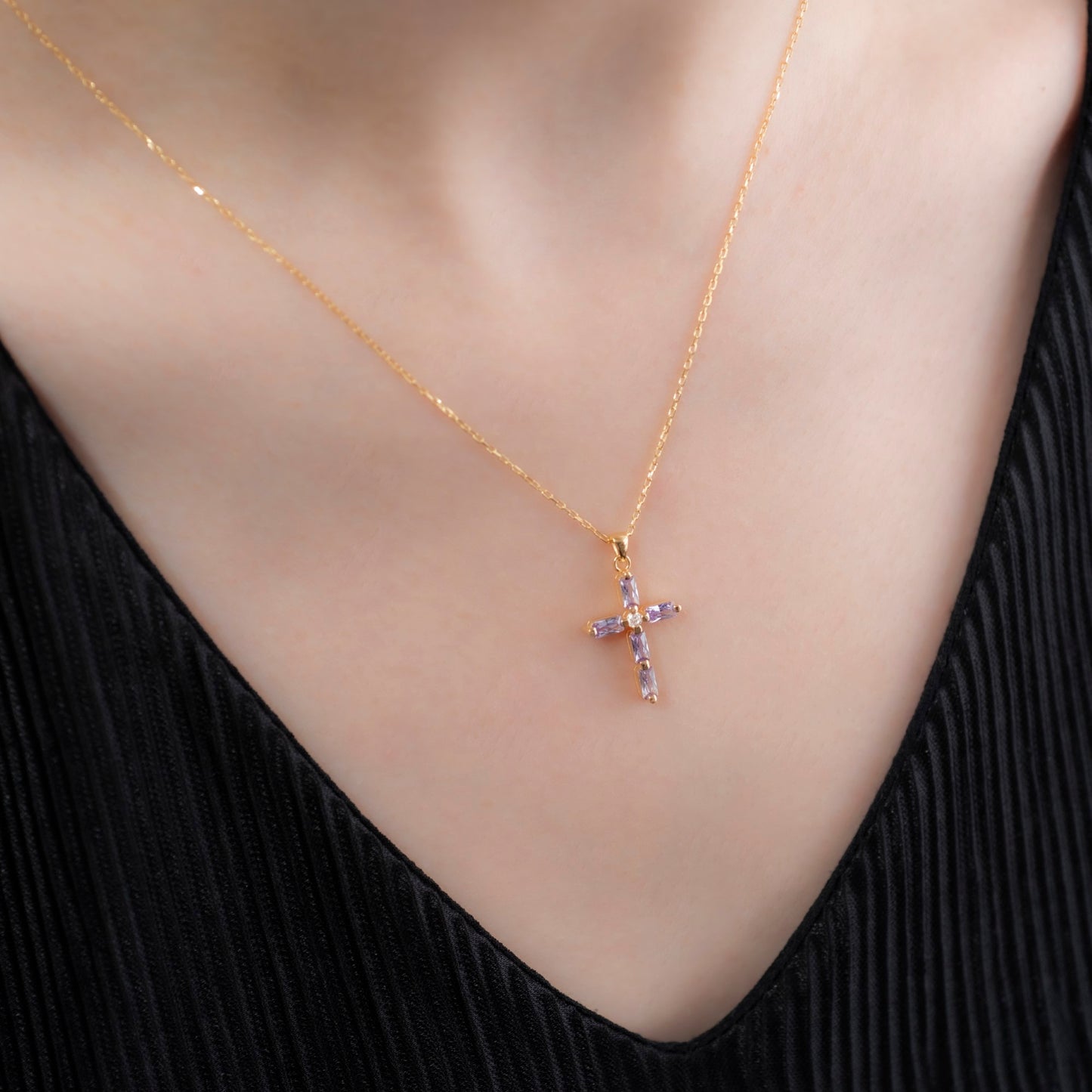 Alexandrite Single Diamond Rectangular Cut Cross Necklace in 14K Solid Gold, June Birthstone Pendant Queen Jewelry Necklace