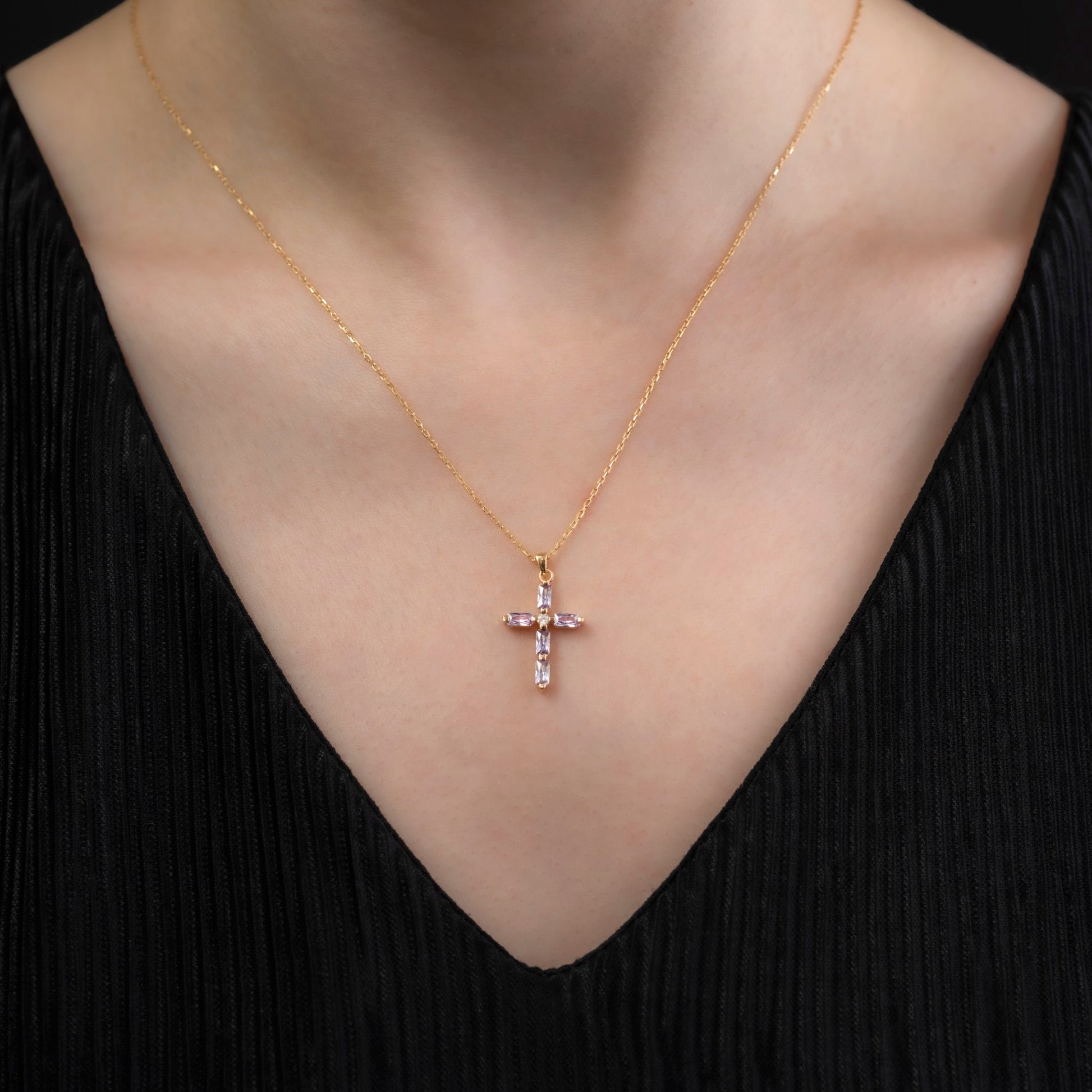 Alexandrite Single Diamond Rectangular Cut Cross Necklace in 14K Solid Gold, June Birthstone Pendant Queen Jewelry Necklace