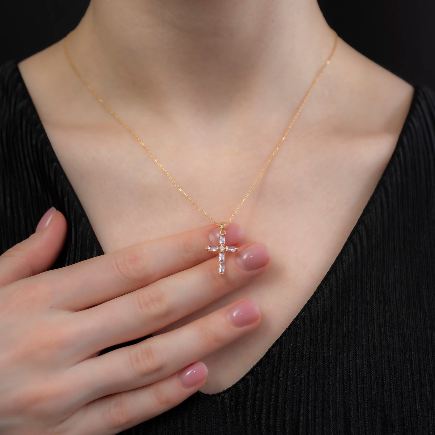 Alexandrite Single Diamond Rectangular Cut Cross Necklace in 14K Solid Gold, June Birthstone Pendant Queen Jewelry Necklace