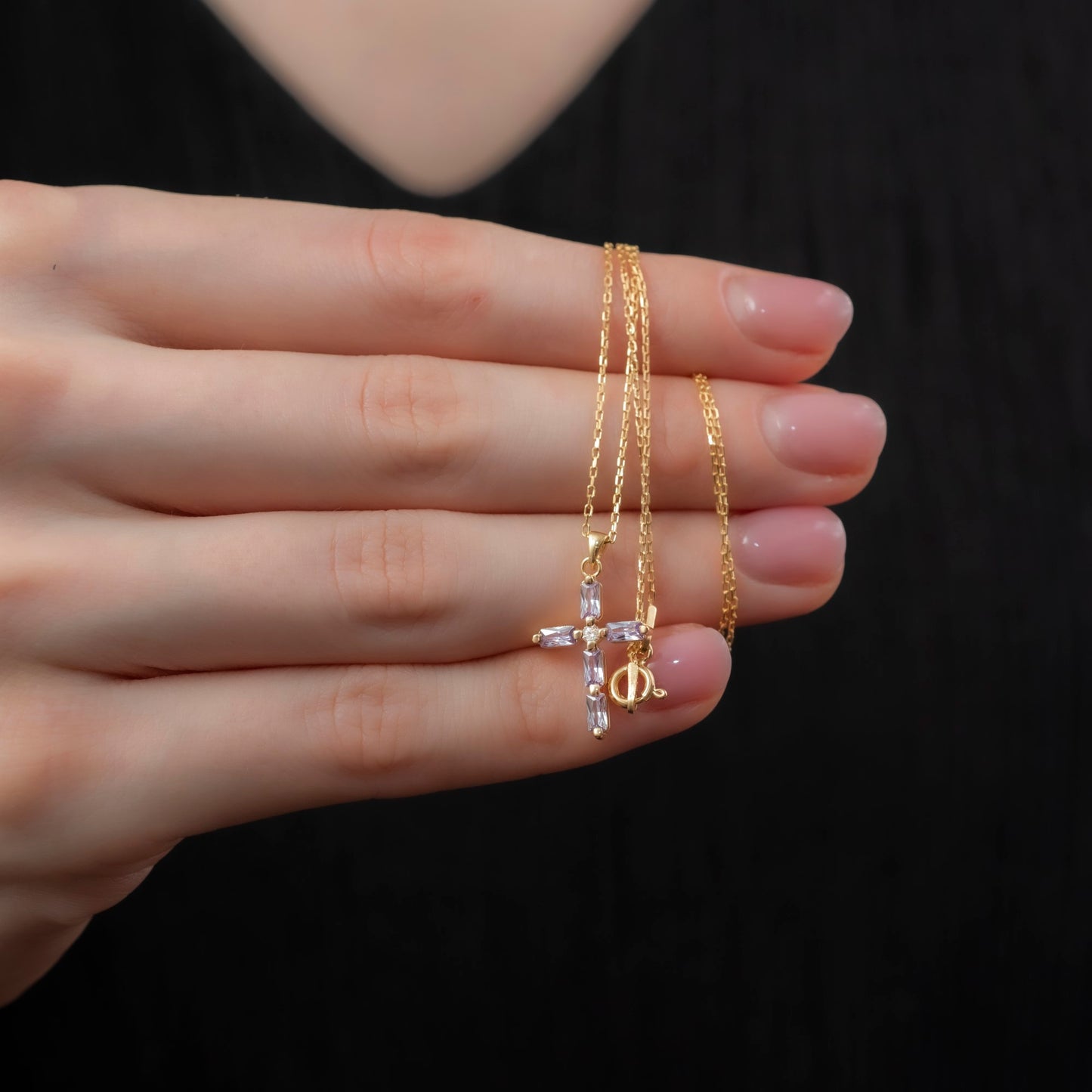 Alexandrite Single Diamond Rectangular Cut Cross Necklace in 14K Solid Gold, June Birthstone Pendant Queen Jewelry Necklace