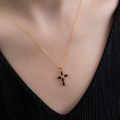 Black Onyx Single Diamond Rectangular Cut Cross Necklace in 14K Solid Gold, Birthstone Pendant Queen Jewelry Necklace