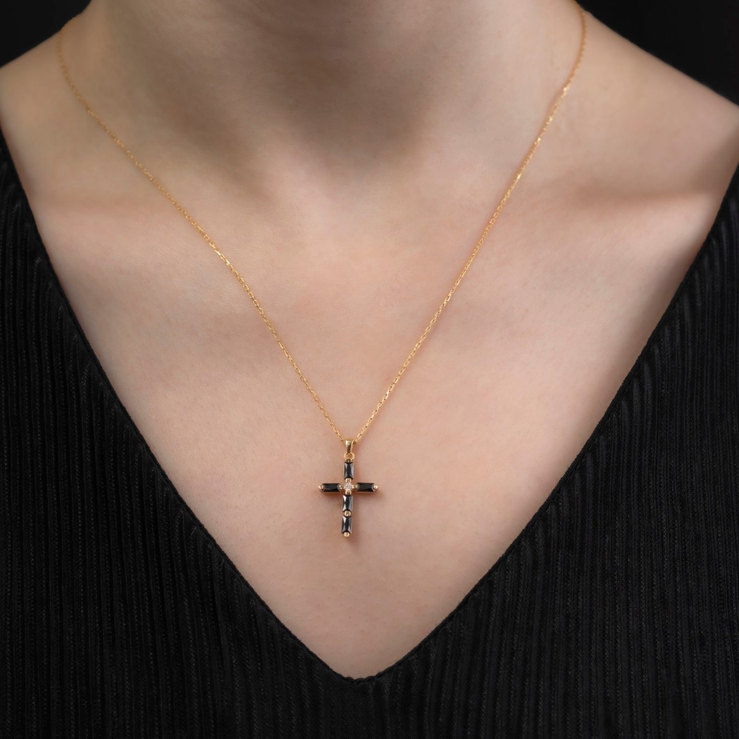 Black Onyx Single Diamond Rectangular Cut Cross Necklace in 14K Solid Gold, Birthstone Pendant Queen Jewelry Necklace