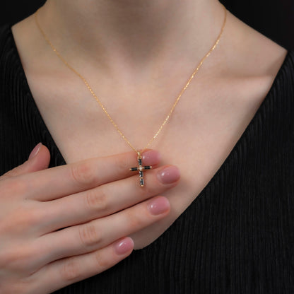 Black Onyx Single Diamond Rectangular Cut Cross Necklace in 14K Solid Gold, Birthstone Pendant Queen Jewelry Necklace