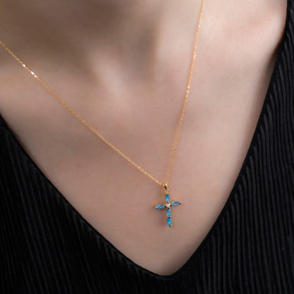 Blue Topaz Single Diamond Rectangular Cut Cross Necklace in 14K Solid Gold, December Birthstone Pendant Queen Jewelry Necklace