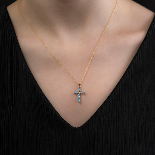 Blue Topaz Single Diamond Rectangular Cut Cross Necklace in 14K Solid Gold, December Birthstone Pendant Queen Jewelry Necklace
