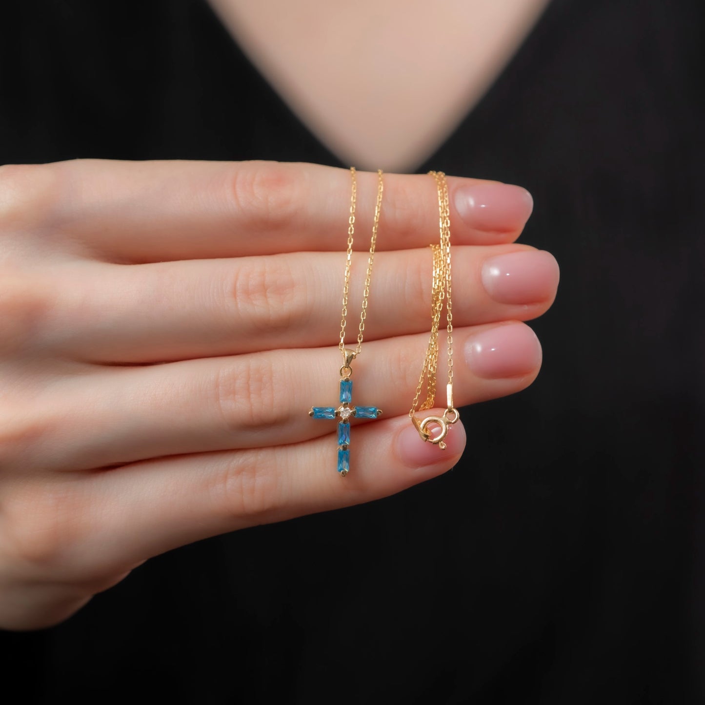 Blue Topaz Single Diamond Rectangular Cut Cross Necklace in 14K Solid Gold, December Birthstone Pendant Queen Jewelry Necklace