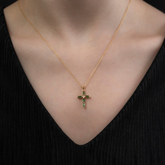 Emerald Single Diamond Rectangular Cut Cross Necklace in 14K Solid Gold, May Birthstone Pendant Queen Jewelry Necklace