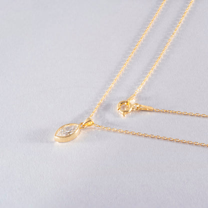Marquise Cut White Topaz Bezel Necklace 14K Solid Gold, April Birthstone Pendant Queen Jewelry Necklace