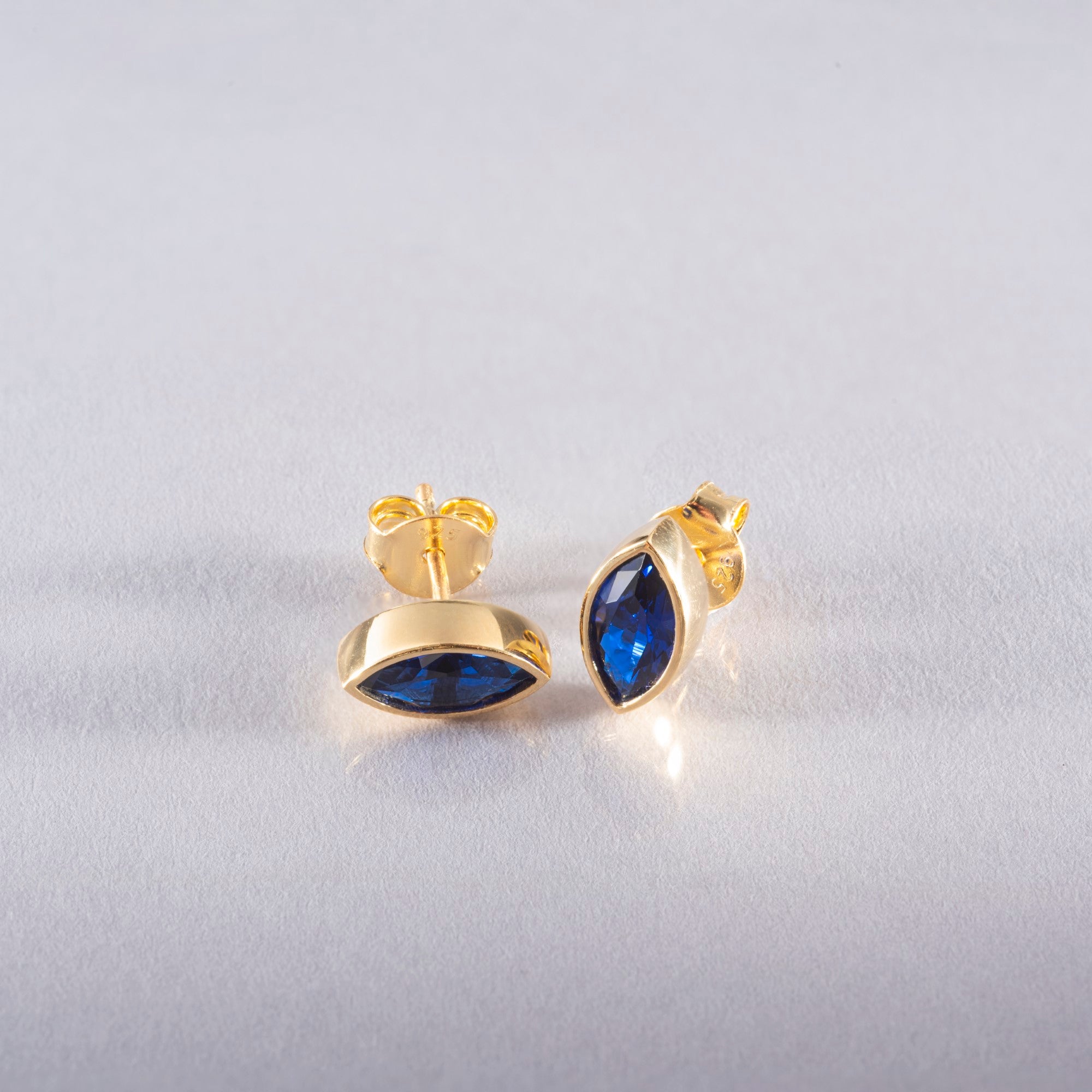 Sapphire Stud Earrings Bezel Marquise Cut in 14K Solid Gold, September Birthstone Jewelry Queen Jewelry Earrings