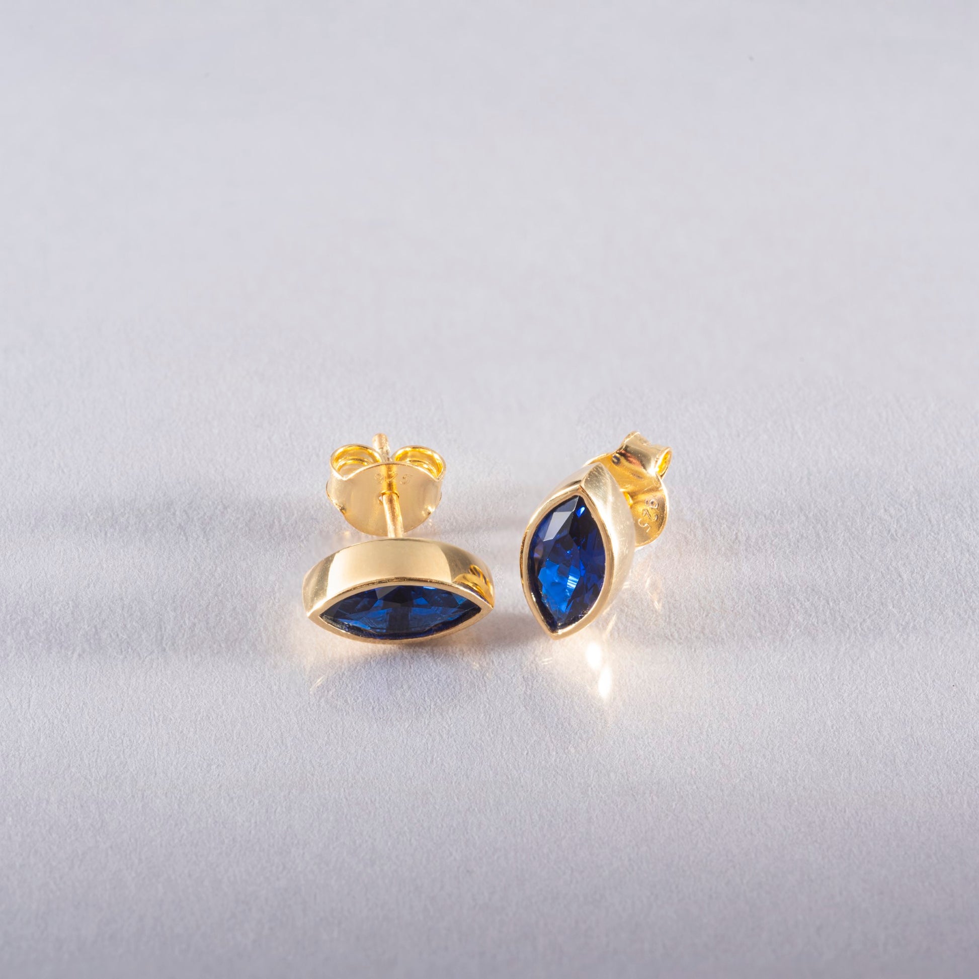 Sapphire Stud Earrings Bezel Marquise Cut in 14K Solid Gold, September Birthstone Jewelry Queen Jewelry Earrings
