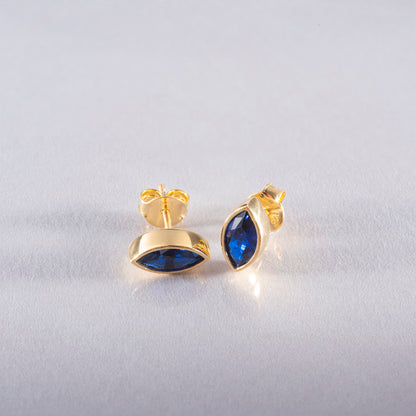 Sapphire Stud Earrings Bezel Marquise Cut in 14K Solid Gold, September Birthstone Jewelry Queen Jewelry Earrings