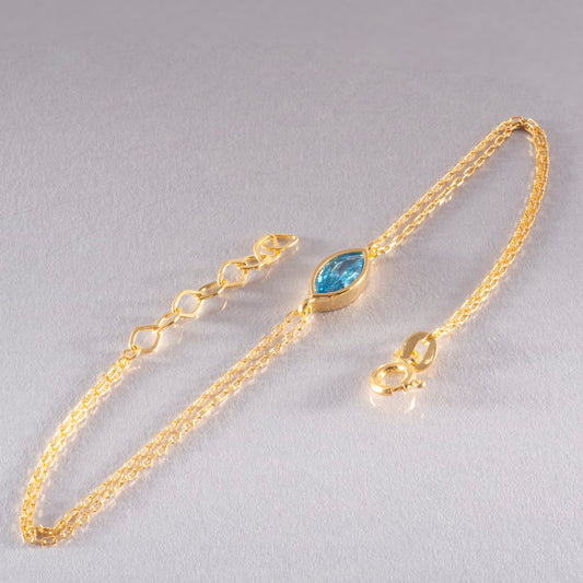 Bezel Marquise Cut Blue Topaz Bracelet 14K Solid Gold, December Birthstone Jewelry Queen Jewelry Bracelet