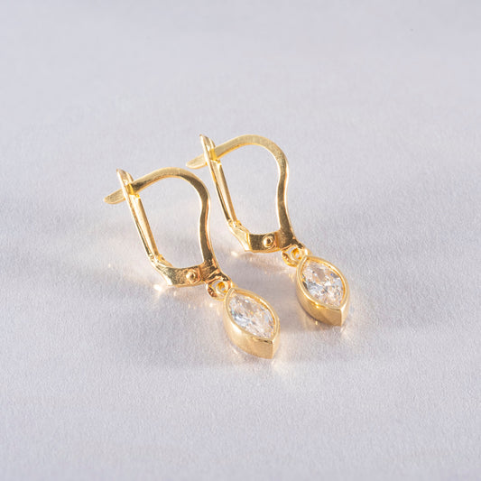 White Topaz Dangle Earrings Bezel Marquise Cut in 14K Solid Gold, April Birthstone Jewelry Queen Jewelry Earrings